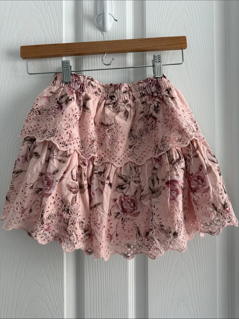 Gap x LoveShackFancy Pink Floral Eyelet Tiered Mini Skirt